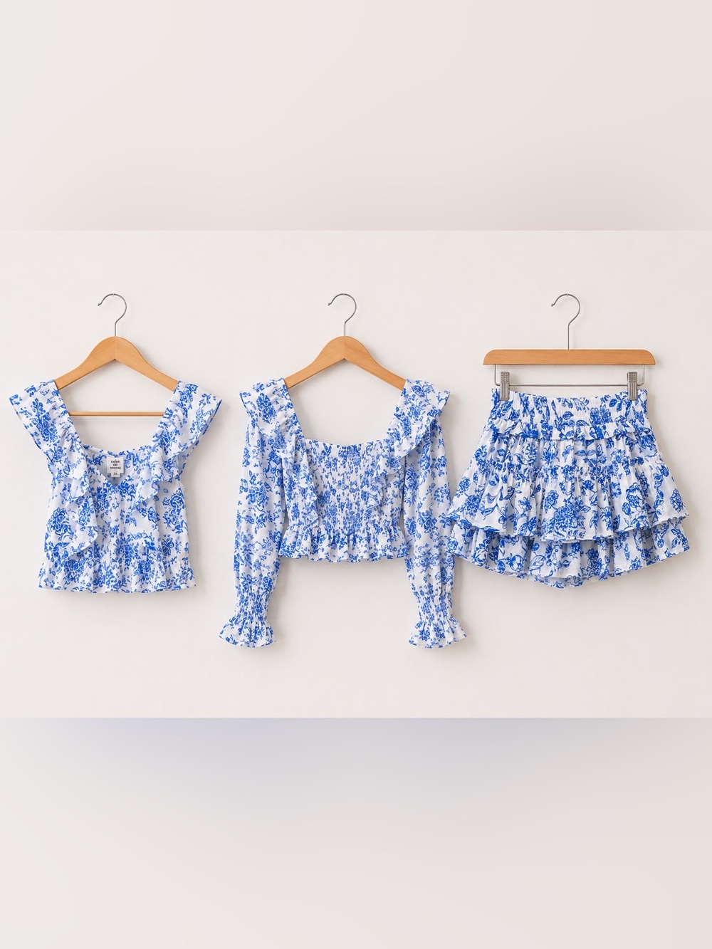 Cake For Dinner Blue/White Dahlia Satin 3-Piece Ruffle Skort/Crop Top Set NWT XS